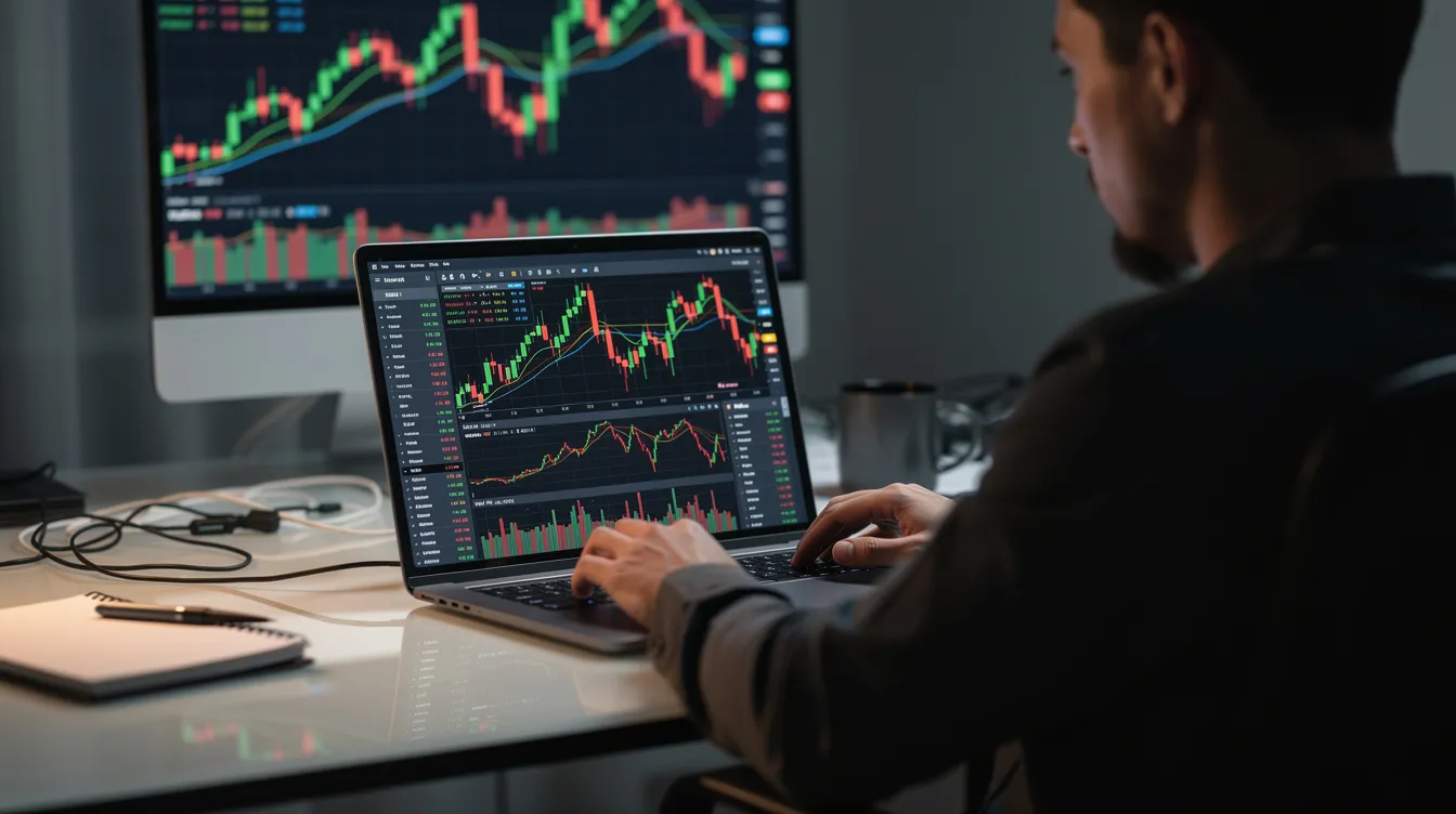 A person is intently working on a laptop, where multiple trading charts are displayed on the screen, showcasing various market conditions and price changes. This scene highlights the use of crypto trading bots and automated trading strategies, essential tools for traders managing digital assets across multiple exchanges.