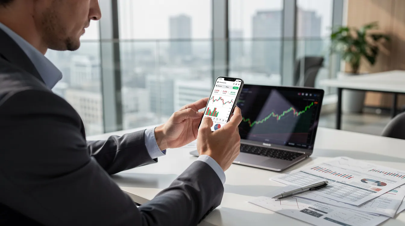 A professional is focused on analyzing financial data displayed on a mobile device while seated in a modern office environment, highlighting the importance of utilizing trading bots and automated trading strategies in the dynamic landscape of crypto trading. The setting reflects a blend of technology and finance, emphasizing the role of market data and risk management in making informed trading decisions.